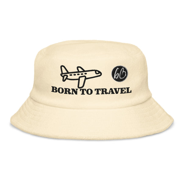 BORN TO TRAVEL Unstructured Terry Cloth Bucket Hat